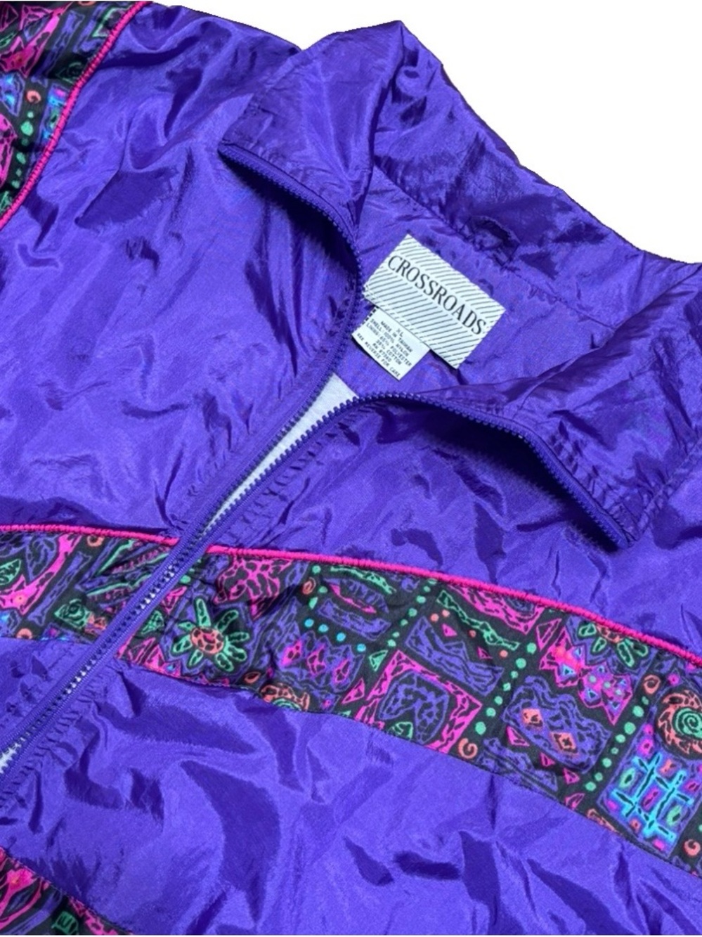 Vibrant Purple Women’s Retro Bomber Jacket with Patterned Panels - Picture 9 of 15
